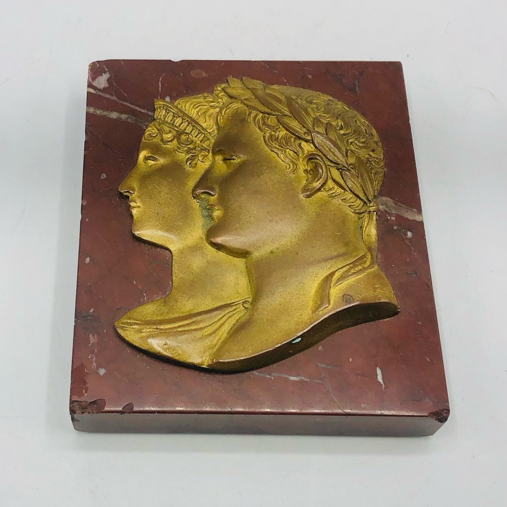 19th C Bronze Napoleon & Josephine Portrait Plaque on Red Marble French Empire